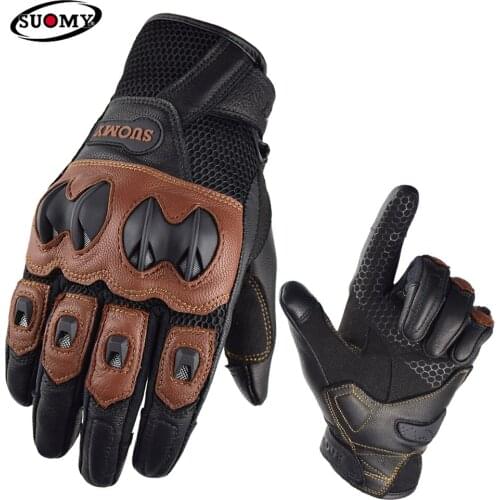 Suomy Leather Motorcycle Glove Summer Breathable Racer Glove Motorbike Full Finger Protection Gear Touch Screen Moto Rider Glove