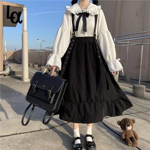 Luck A Japanese College High Waist Show Thin Black Mid-Length Ruffled Student Fairy Dress Party Lolita Dress Sweet Lolita Doll