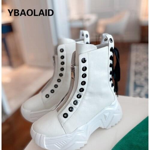Thick-soled High-top Shoes Spring and Autumn New Style Cowhide Cross Straps Front Zipper Platform Short Tube Martin Boots