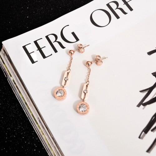 YUNRUO Fashion Brand Rose Gold Color Roman Numerals Zircon Tassel Drop Earring for Woman 316L Stainless Steel Jewelry Never Fade