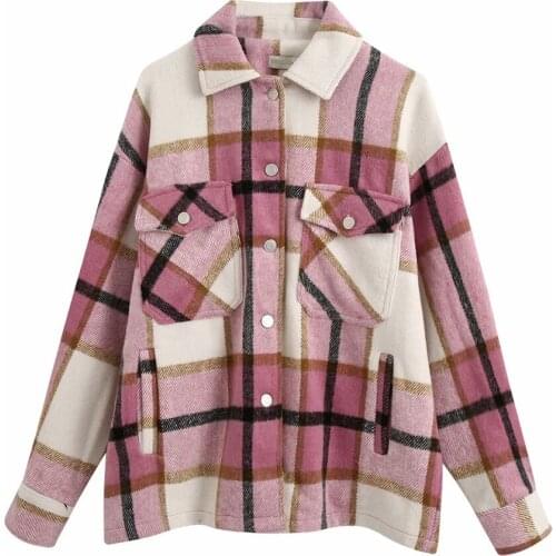 Female Vestidos Ladies Vintage Stylish Pocket Oversized Plaid Jacket Women Coat Lapel Collar Long Sleeve Loose Outerwear Jacket