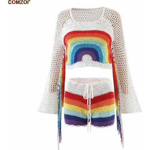 Hollow Out Women Bohemia Suits Rainbow Long Sleeve Crop Tops+Shorts Vintage Knitting Two Piece Set Tassel Clothing костюм