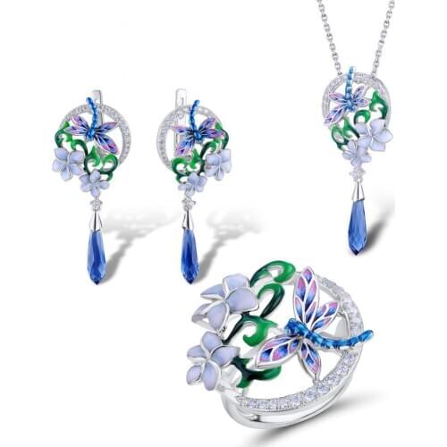 Women Enamel Flower Dragonfly Rhinestone Pendant Necklace Earrings Ring Jewelry