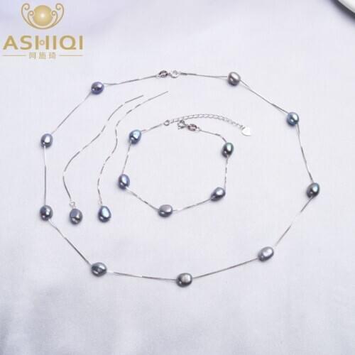 ASHIQI 925 Sterling Silver Real Natural Freshwater pearl Jewelry Sets Necklace Bracelet Earrings for women Fashion New Arrivals