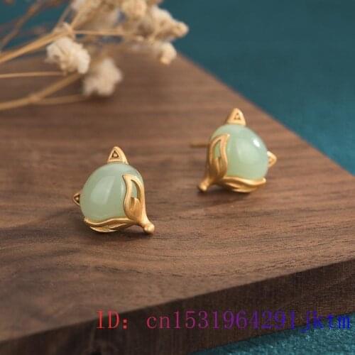 Green Jade Fox Ear Studs Earrings Women Fashion Jewelry Gemstone Natural Charm Gifts Amulet 925 Silver Zircon Chalcedony