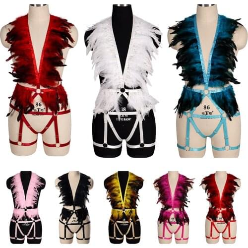 Full Body Feathers Lingerie Harness Fashion Halloween Rave Punk Cage Bra Costume Goth Accessories Bondage Waist Suspender Belts