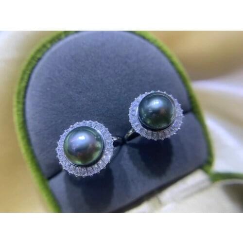 925 Sterling Silver Real Black Tahiti Southsea 9-10MM Pearl Ring Adjustable Finger Ring Free Size Ring Jewelry Nice Party Gift