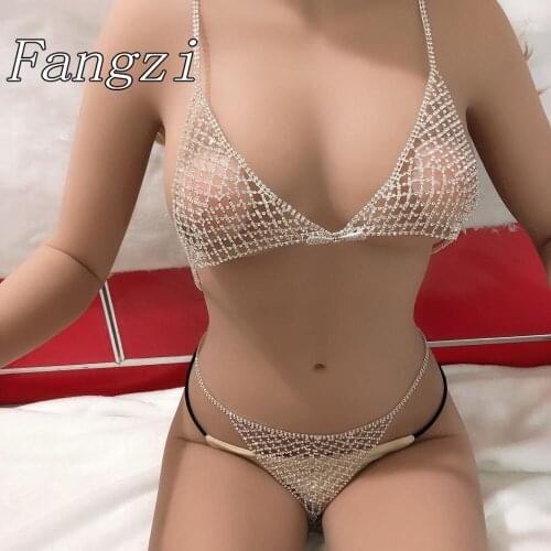 Sexy womens full bra jewelry sling fashion crystal underwear T-String combination shiny Rhinestone Bikini Body jewelry gift