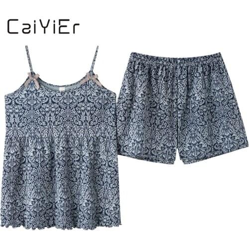 CAIYIER Summer Cute Flower Print Girls Pajamas Set For Women Sling Backless Sexy Sleepwear Grid Cotton Leisure Nightwear M-3XL