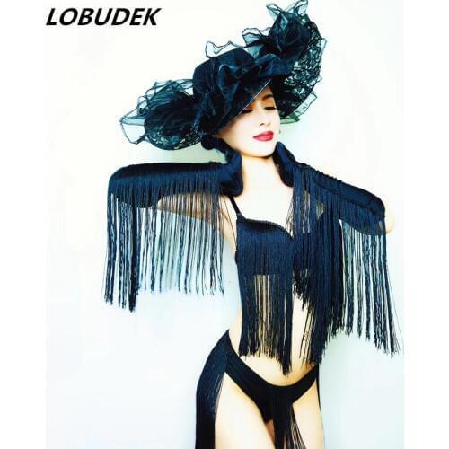 Black Red Tassels Bikini Big Hat Dance Performance Sexy Nightclub DJ Singer Party Stage Wear Set Models Catwalk Stage Costume