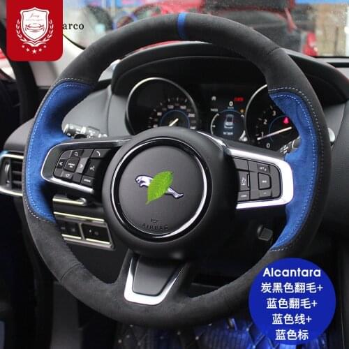For JAGUAR XF XJL XE F-PACE F-TYPE Blue suede hand-sewn grip cover Steering wheel cover Real Alcantara Auto parts accessories