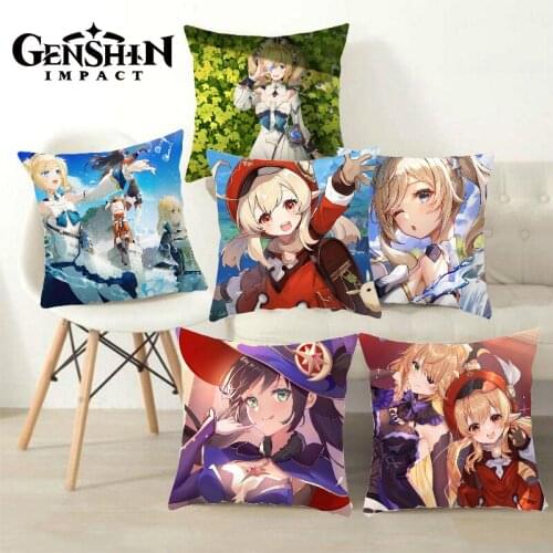 Game Genshin Impact Polyester Peachskin Pillow Case Lumine Klee Kawaii Cartoon Hu Tao Zhong Li Barbatos Cosplay Accessories