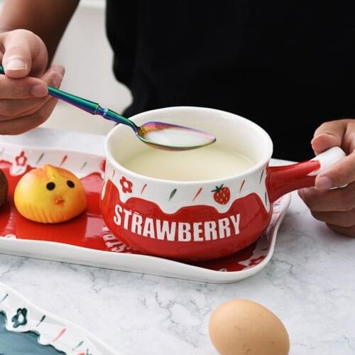 Cute Strawberry Mix Bowl with Handle and Platter Tray Set Ceramic Oatmeal Soup Bowl Fruit Salad Container for Breakfast 700ml