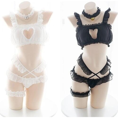 Drop shipping Sexy Heart Hollow Out Lingerie Set Lolita Ruffled Lace Bra and Panty Women Intimates Anime Cosplay Costume