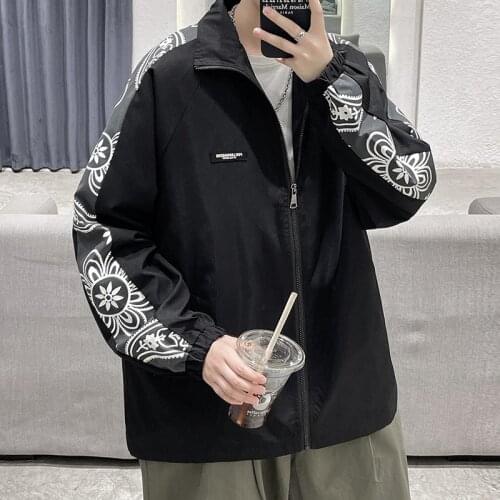 LUCLESAM 2021 Men Japanese Fashion Sleeve Print Jacket Mens Harajuku Style Zip Lapel Streetwear Coat jaqueta masculina
