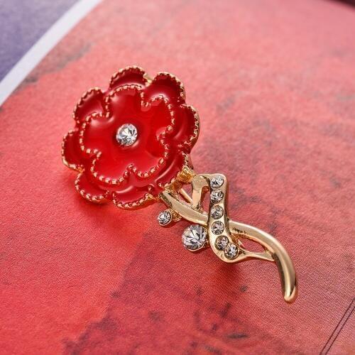 New Arrival Women Clothes Accessories Gold Pave Crystal Inlaid Red Enameled Carnation Flower Lapel Pin Brooches Jewelry X1457