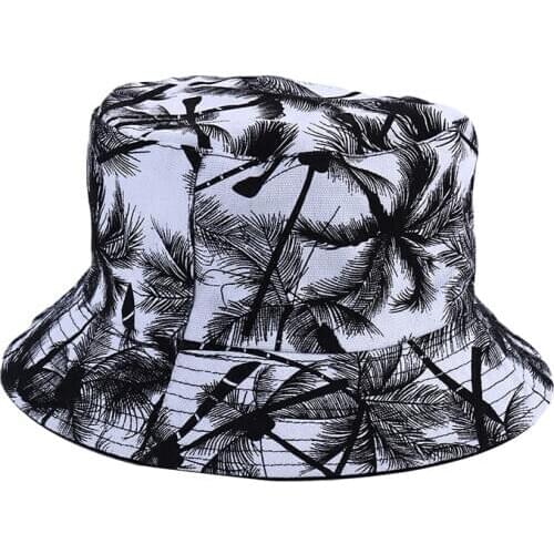 2020 New Unisex Fashion Summer Reversible Black White Coconut Tree Printed Fisherman Caps Bucket Hats Men Women