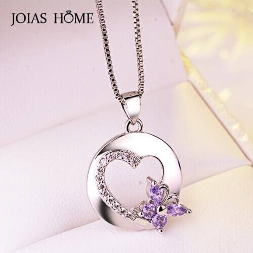 JoiasHome Silver 925 Necklace Pendant European and American Romantic Amethyst with Bow Heart Pendant Womens Party Gift