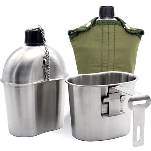 0.5L 1L Stainless Steel Military Canteen Portable Cup Green Cover Camping Hiking Army Camping Picnic Tableware Travel Accessorie