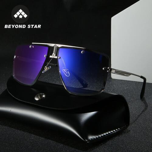 BEYONDSTAR Trendy Square Rimless Men Sunglasses Luxury 2019 Brand Designer Retro Brown Lens Sunglases Metal Frame Glasses G50011
