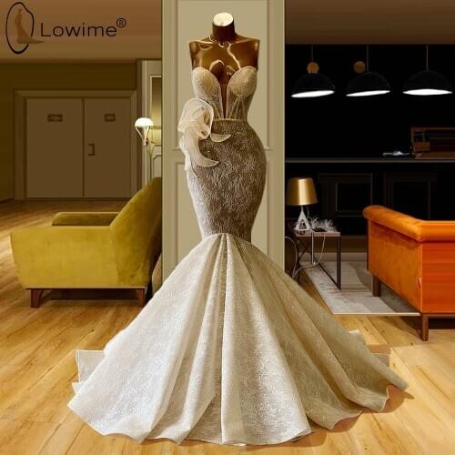 Unique Design Mermaid Lace Evening Dresses 2020 Sweetheart Neck Light Champagne Evening Party Gowns Couture Abaya