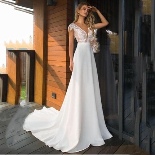 Satin V-neck A-line Wedding Dresses 2020 Boho Bridal Gowns Backless Vestido de noiva Plus size Wedding Dress