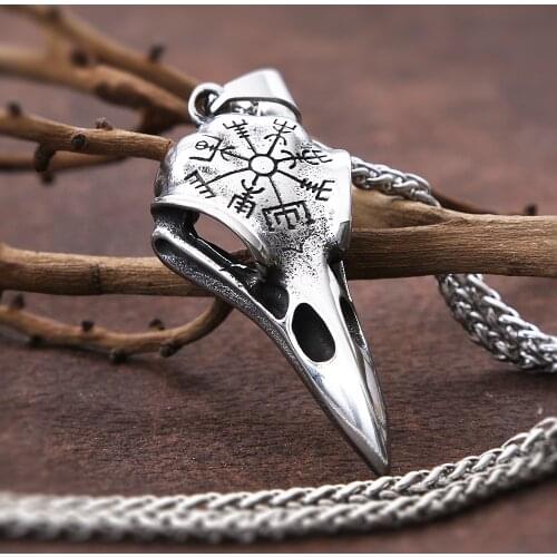 Vintage Stainless Steel Odin Crow Skull Necklace For Men Punk Viking Crow Compass Necklace Pendant Men Fashion Jewelry Gift