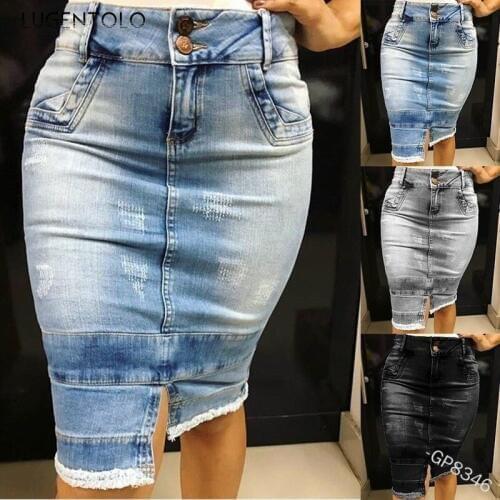 Lugentolo Women Skirt Summer Fashion Denim Zipper Bag Hip Sexy Tight Pocket Button Slim Fit Lady Midi Skirts Plus Size 5XL