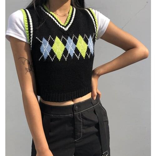 Women Casual Plaid Knitted Crop Tank Top Knitwear Preppy Style V-neck Sweater Vest 90s Vintage Winter Pullovers Tops Жилет
