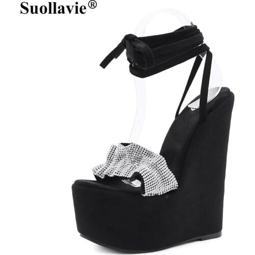 Suollavie 2021 Silver Cross Strap Crystal Women Sandals High Heels Platform 16CM Wedges Front Open Toe Ladies Shoes Size 35-42