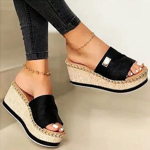 Womens Wedge Sequins Slipper Summer High Heels Slippers Slanted Heel Sandals Fish Mouth Straw Thick Bottom Wedges Slippers
