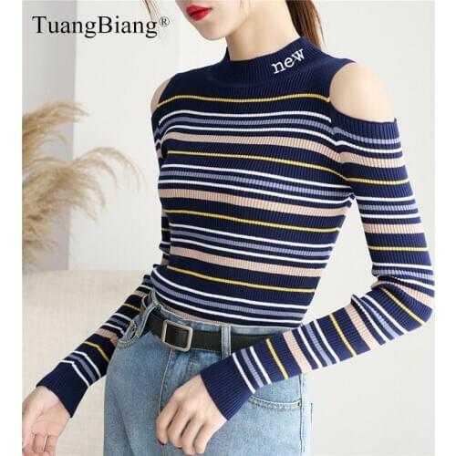 Blue Apricot Striped 2020 Autumn Women Pullover Letter embroidery Turtleneck Long sleeve Sweater Off shoulder Cotton slim Jumper