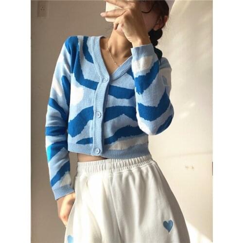 New Fashion Womens Button Down Cropped Cardigan Sexy Long Sleeve Abstract Print Knit Sweater Spring Autumn Streetwear Y2k