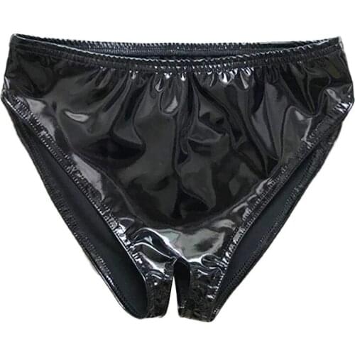 Womens Lingerie Sexy Open Crotch Underwear Faux Leather Crotchless Underpants Shiny Wet Look Briefs Panties