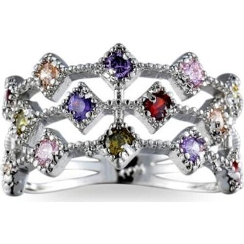 Colorful CZ Cubic Zirconia Ring Silver Color Sparkling Wedding Engagement Rings For Women Jewelry Christmas Gift Size 6 7 8 9 10