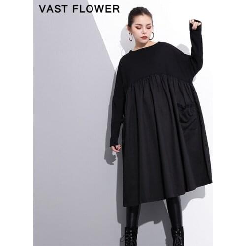 Plus Size Patchwork Dress Women Black Vintage O Neck Long Sleeve Pockets Fashion Loose Casual Dresses Clothes Spring Autumn 2021