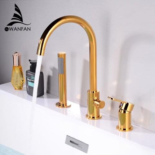 Basin Faucets Gold Deck Mounted Bathroom Sink Faucets 3 Holes 2 Handles Hot And Cold Water Mixer Tap 855853