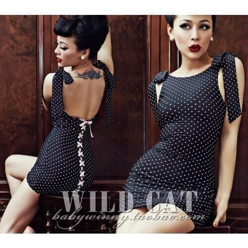 FREE SHIPPING Limited edition vintage pin up classic black and white polka dot tight-fitting big racerback bandage hepburn dress
