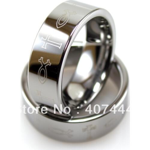 Free Shipping!Wholesales USA Hot Sales E&C Jewelry Mens Tungsten Nature Flat Laser Cross and Ichthys His/Her Best Wedding Ring