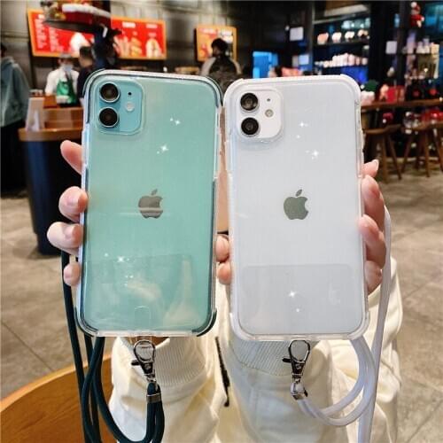 Glitter Transparent Shockproof With Rope Phone Case For iPhone 11 12 Pro X XR XS Max SE 2020 7 8 Plus Shimmering Soft TPU Cover