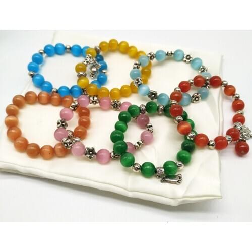 Color Bracelets Bangles Red Pink Opal Pendant Ball Strand Beaded Bracelet For Women Girl Stone Elastic Rope Fashion Jewelry Gift