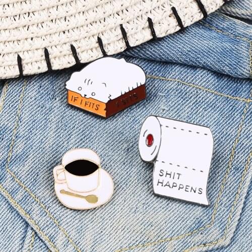 Funny Animal Brooches lapel pins Roll paper Cat Box Coffee Cup Badge jewelry Button icon Denim Shirt Accessories women kids gift