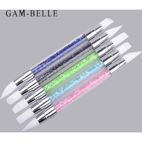 GAM-BELLE 1 Pc Dual-ended Nail Art Silicone Brush 2 Ways Glitter Powder Dotting Brush Carving Pen 3D Nail Art Manicure Tool