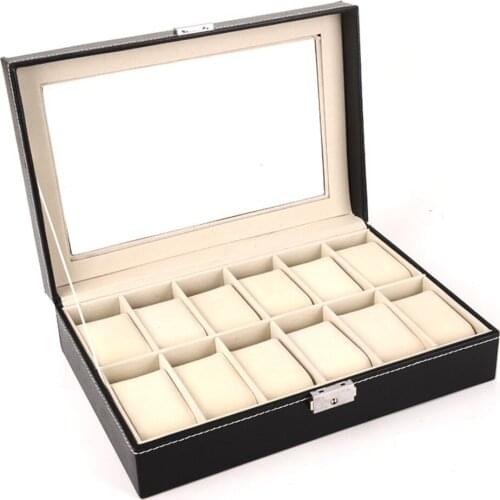 Fashion 12 Grids Watch Box Storage Case Black PU Leather Watch Holder Organizer Box for Quartz Watch Jewelry Boxes Display Gifts