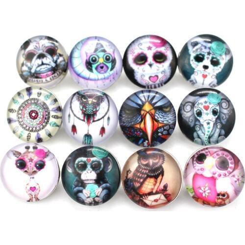 Hot selling 10pcs/lot zoology owl dog Snap Buttons Charms 18mm Glass Buttons Fit DIY Snap Bracelets&Bangle Jewelry