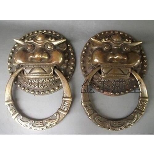 Chinese brass Carved statue ' Lionhead ' Knocker Pair Garden brass copper Decoration real Brass