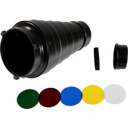 Medium Aluminium Alloy Conical Snoot Kit with Honeycomb Grid and 5 Pieces Color Gel Filters for Bowens Mount Studio Strobe