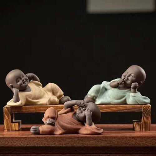 Creative Three No Little Monk Ceramic Character Tea Ornaments Cute Purple Sand Small Shami Zen Tea Ceremony Tea Pet Mini Tea Set