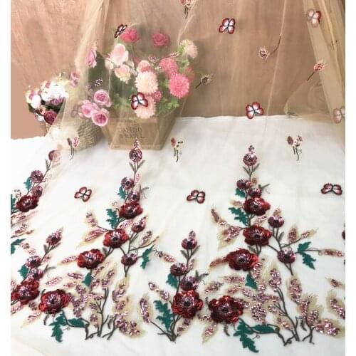 3D Floral Sequins Lace Fabric Shinny Mesh Net Cloth High End Evening Dress Craft Material Sewing Fabric