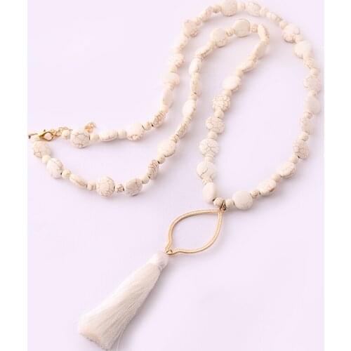 Fashion Bohemian Tribal Jewelry Flat White Stones Bead Stones with drop matching tassel women Necklace